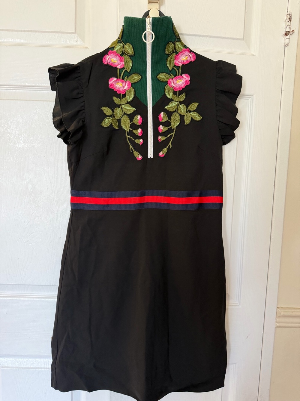 Floral Embroidered Black dress with Pink Accents
